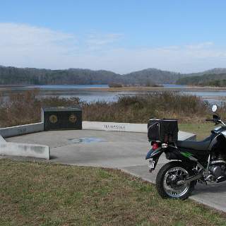 Monument for Cherokee city of Tanasi, which was in the distant background and now covered with the water of Tellico lake.