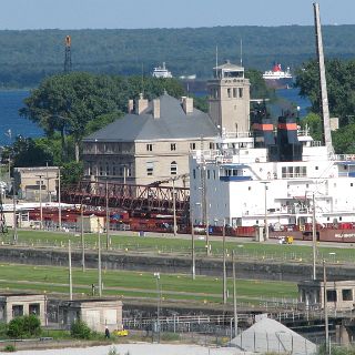 A freighter locking through into the St Mary's river.