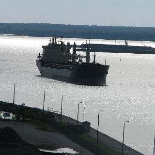 A freighter approaching the lock from Superior.