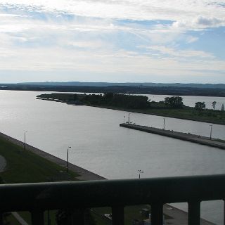 A freighter approaching the lock from Superior.