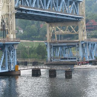 Houghton lift bridge raised to allow passage of a sailboat.