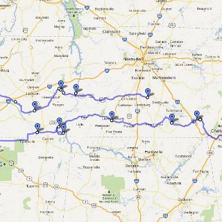 The route as it was ridden. We headed towards Chattanooga then zig-zagged our way all the way to the Mississippi making a large figure 8