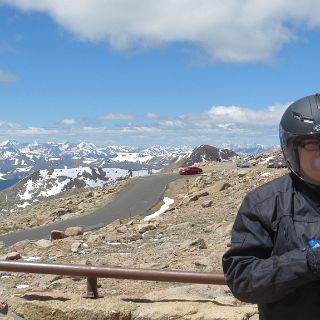 At the top of Mt Evans. This is the highest paved road in the country. Note Susan fogging up!