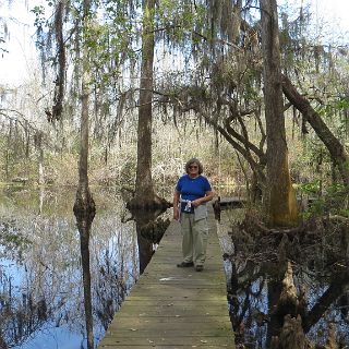 In the Okefenokee. Susan at the dock on Billy's Island : Camping, Okefenokee trip, Susan Jones